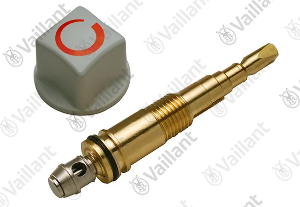 Vaillant Temperaturwähler in goldener Farbe mit einem grauen Bedienknopf, versehen mit einem roten Symbol.